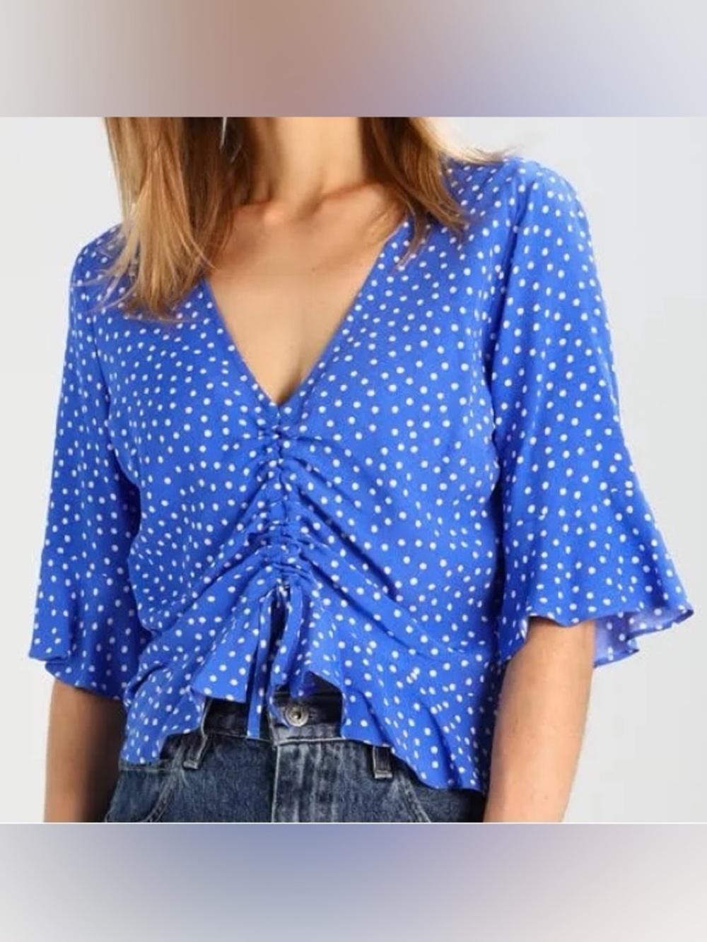 Topshop Royal Blue Polka Dot V-Neck Drawstring Blouse